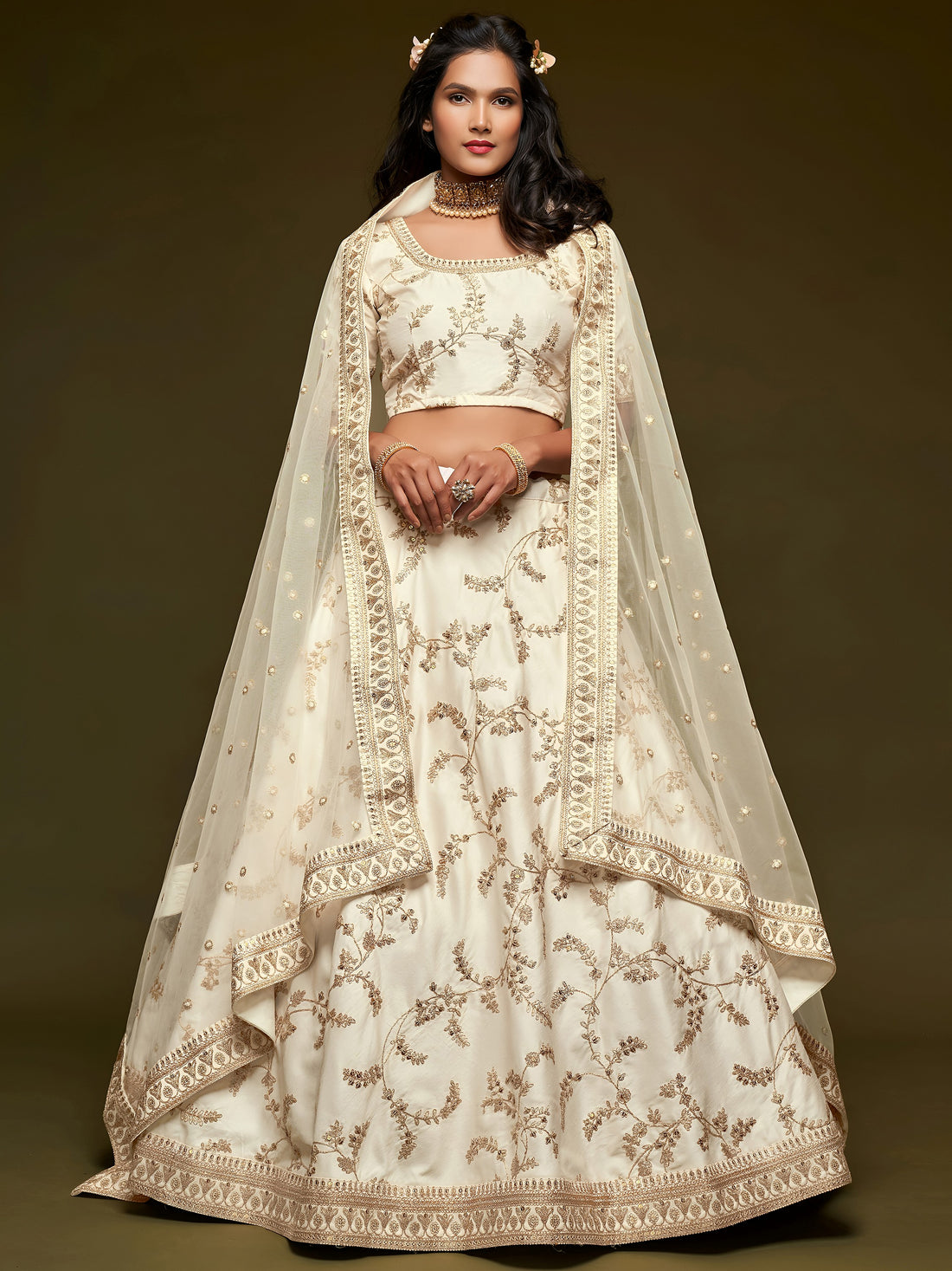 Agreeable White Thread Embroidery Art Silk Wedding Lehenga Choli