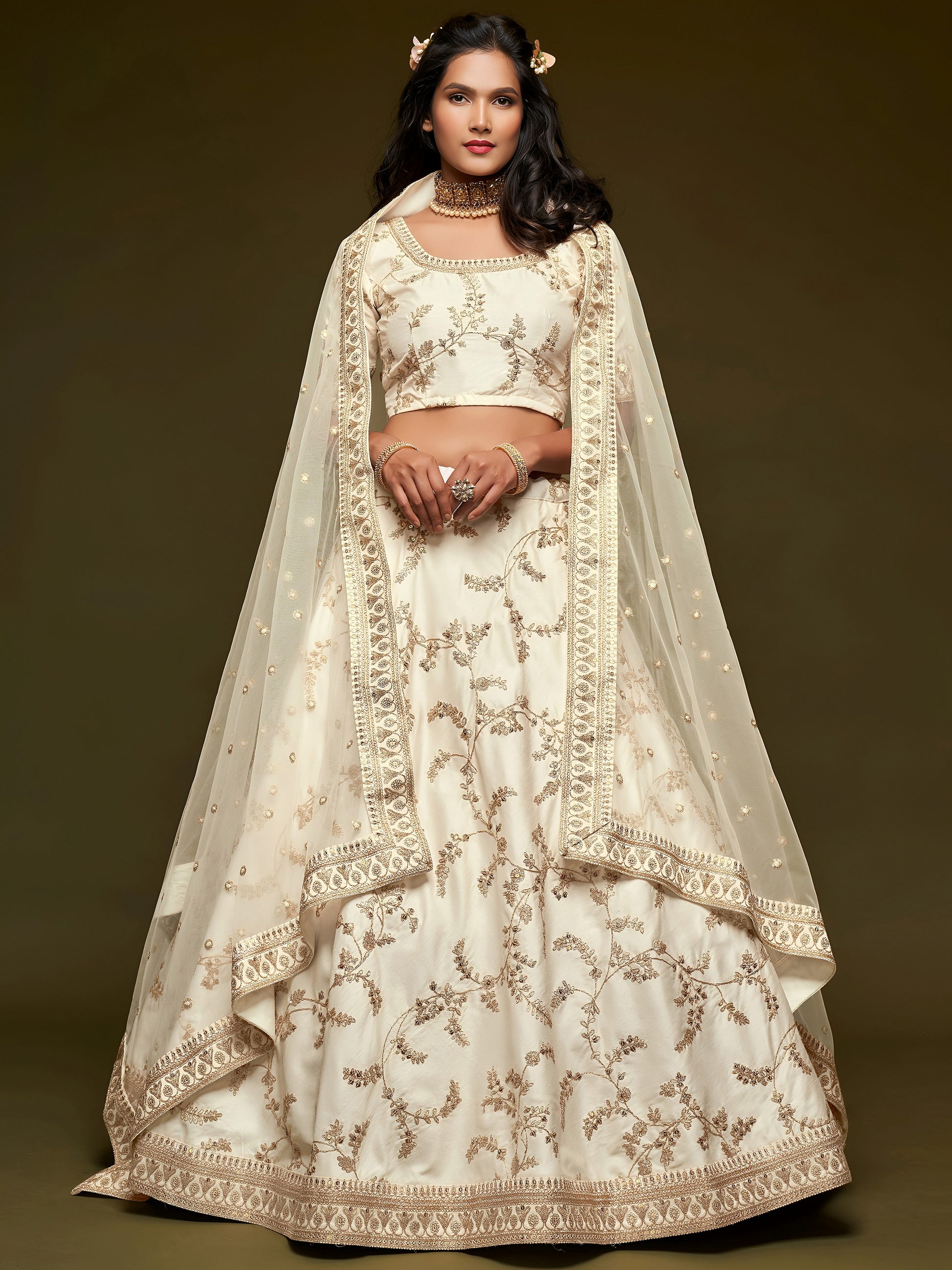 Agreeable White Thread Embroidery Art Silk Wedding Lehenga Choli