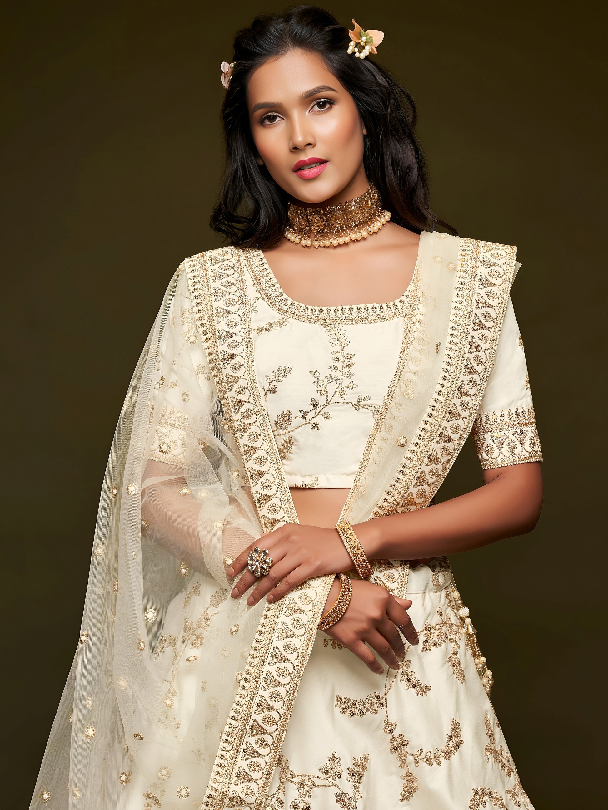 Agreeable White Thread Embroidery Art Silk Wedding Lehenga Choli