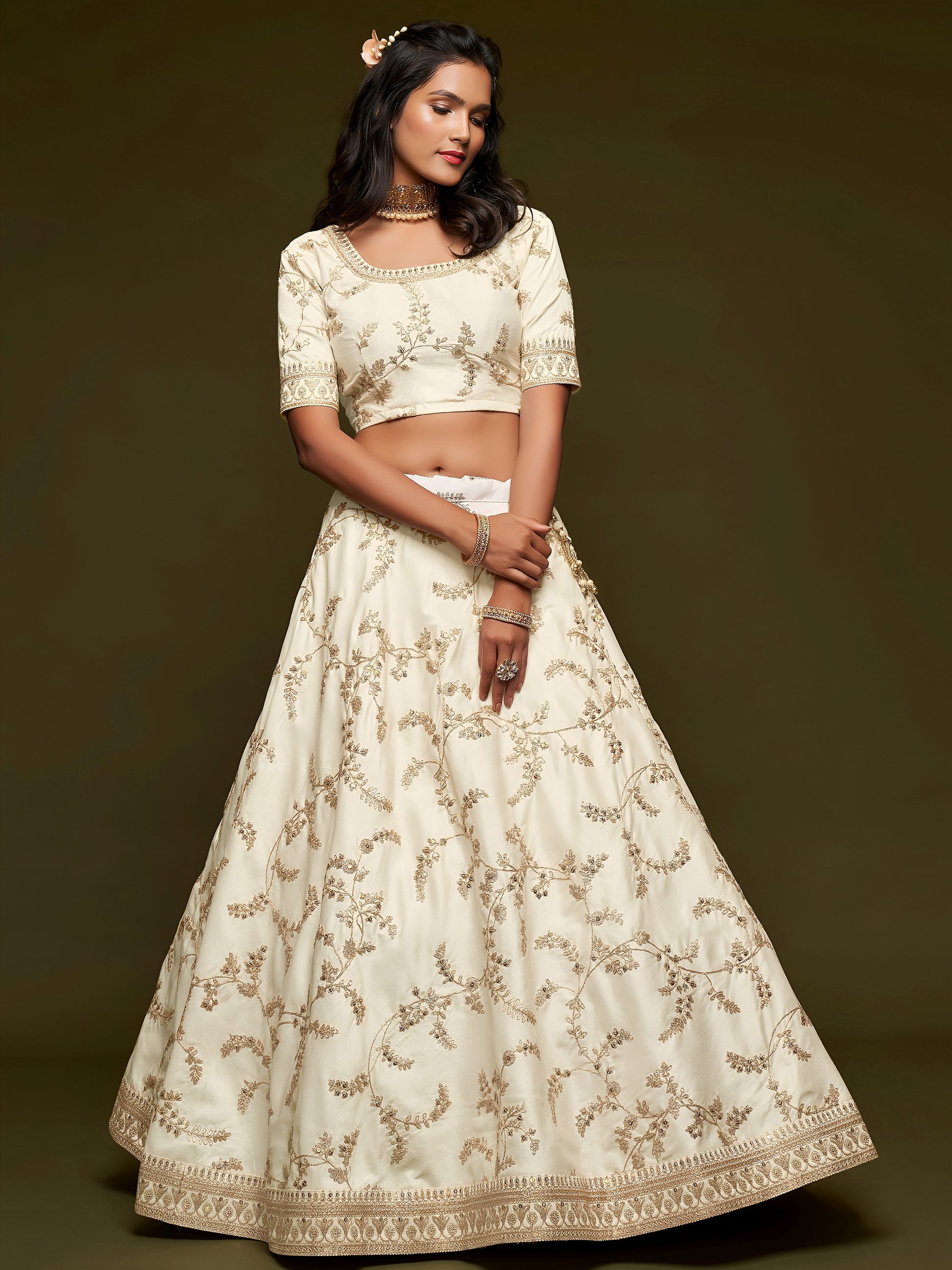 Agreeable White Thread Embroidery Art Silk Wedding Lehenga Choli