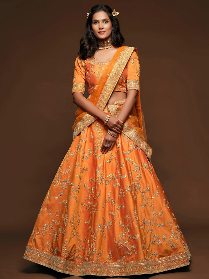 Superior Orange Thread Embroidery Art Silk Wedding Lehenga Choli