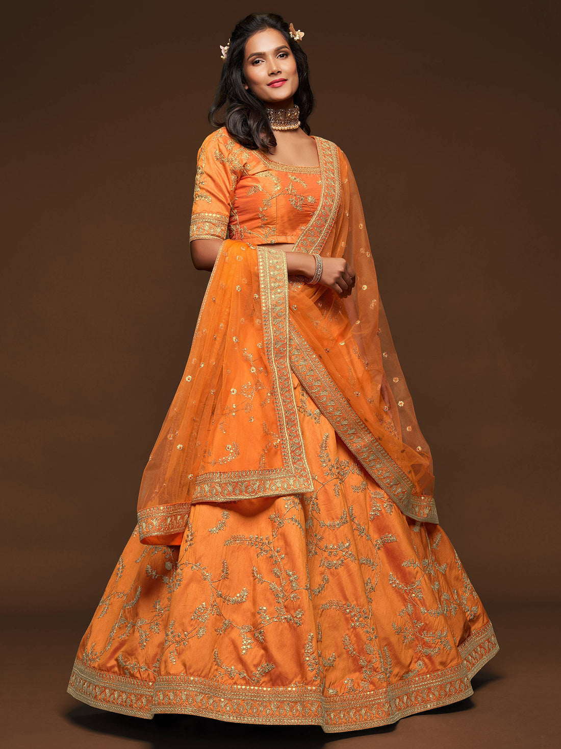 Superior Orange Thread Embroidery Art Silk Wedding Lehenga Choli
