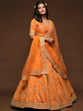 Superior Orange Thread Embroidery Art Silk Wedding Lehenga Choli