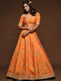 Superior Orange Thread Embroidery Art Silk Wedding Lehenga Choli