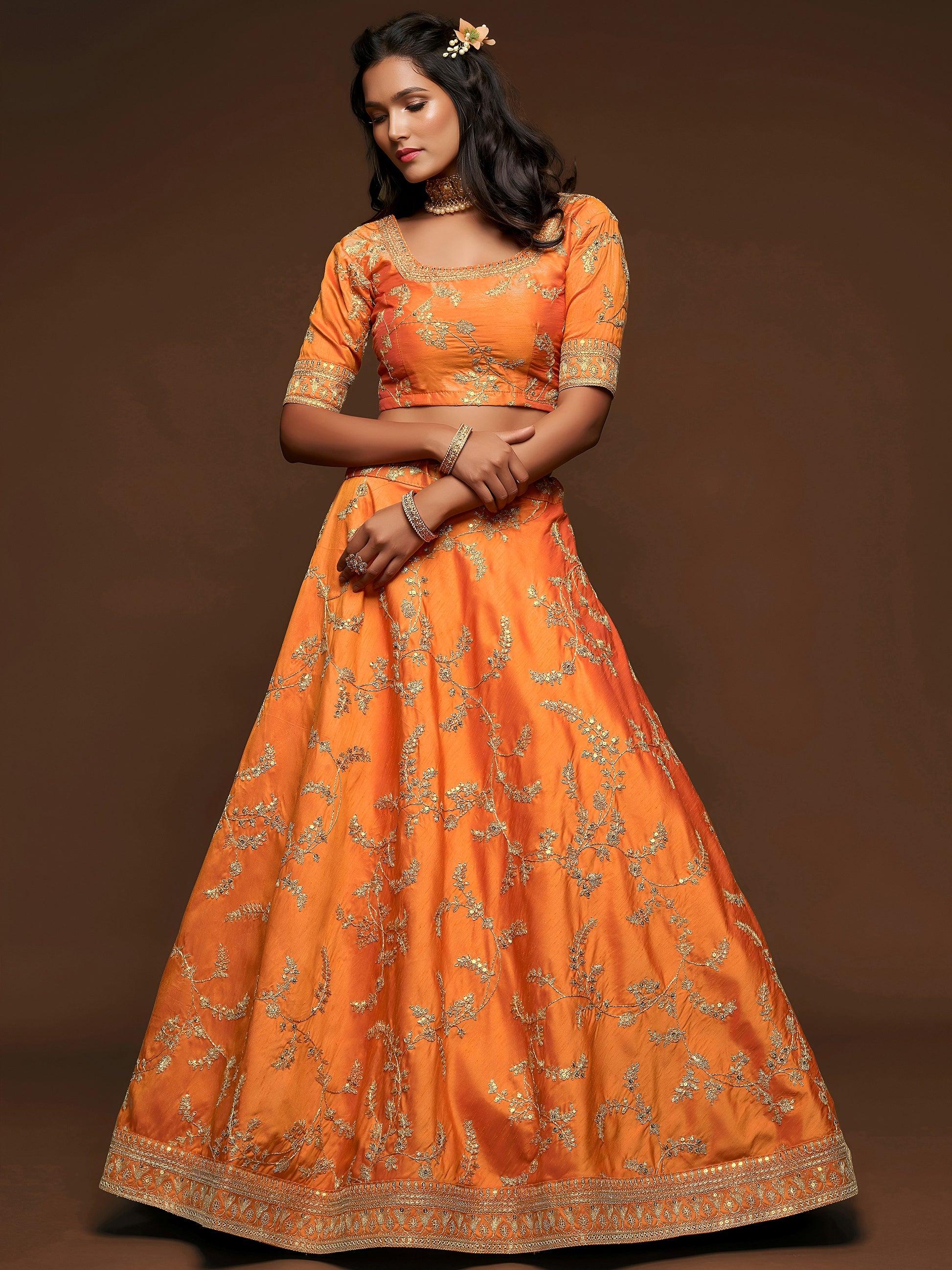 Superior Orange Thread Embroidery Art Silk Wedding Lehenga Choli