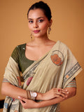 Stunning Beige Digital Printed Cotton Office Wear Saree With Blouse