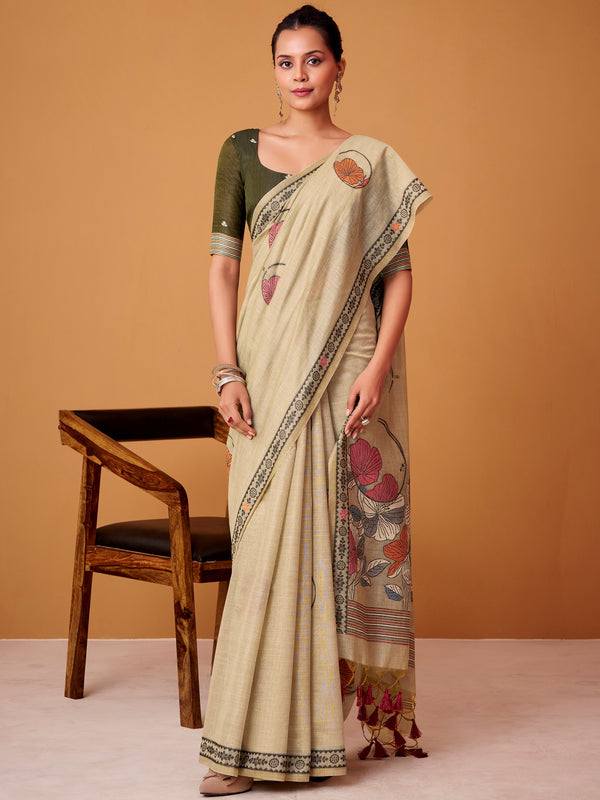 Stunning Beige Digital Printed Cotton Office Wear Saree With Blouse