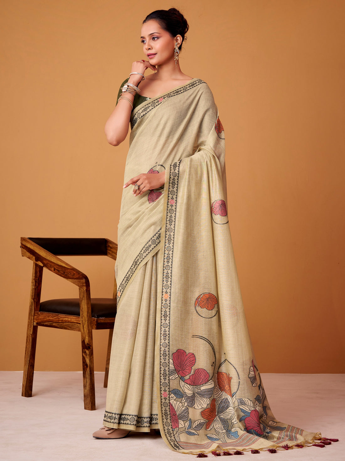 Stunning Beige Digital Printed Cotton Office Wear Saree With Blouse
