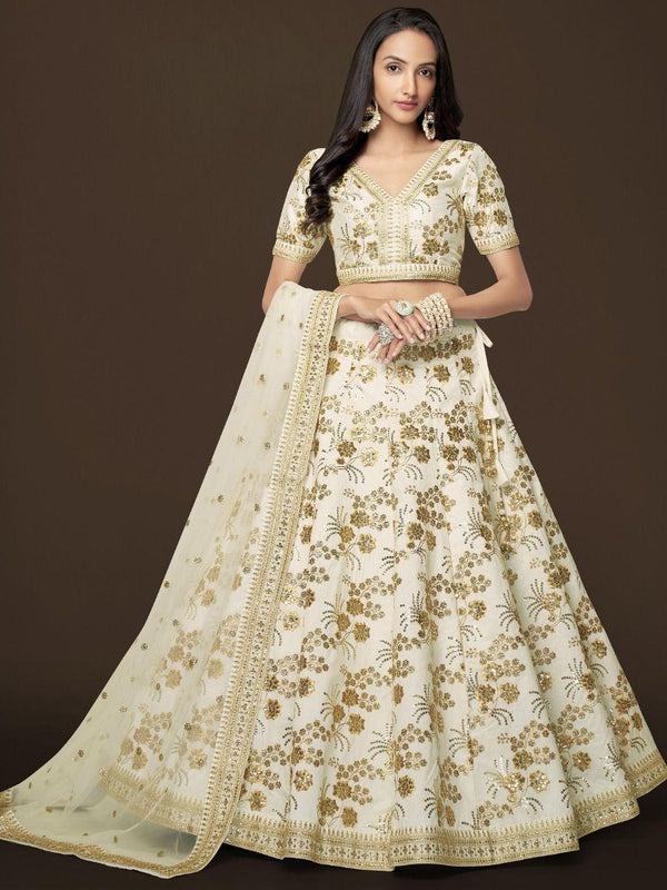 Adorable White Sequins Slub Silk Engagement Wear Lehenga Choli