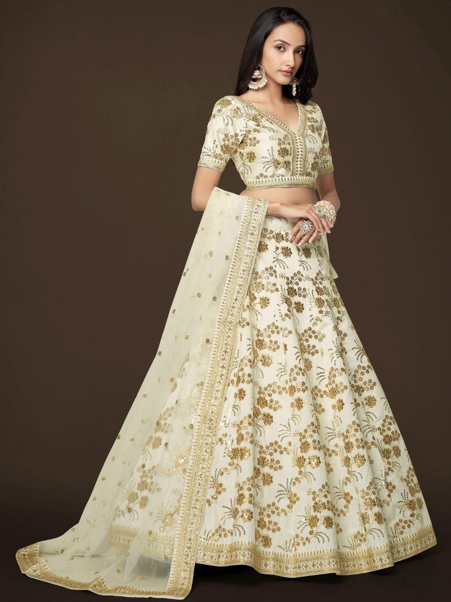 Adorable White Sequins Slub Silk Engagement Wear Lehenga Choli