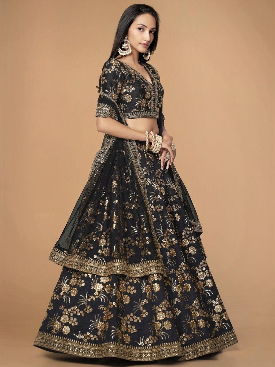 Lovely Black Sequins Silk Reception Wear Lehenga Choli With Blouse