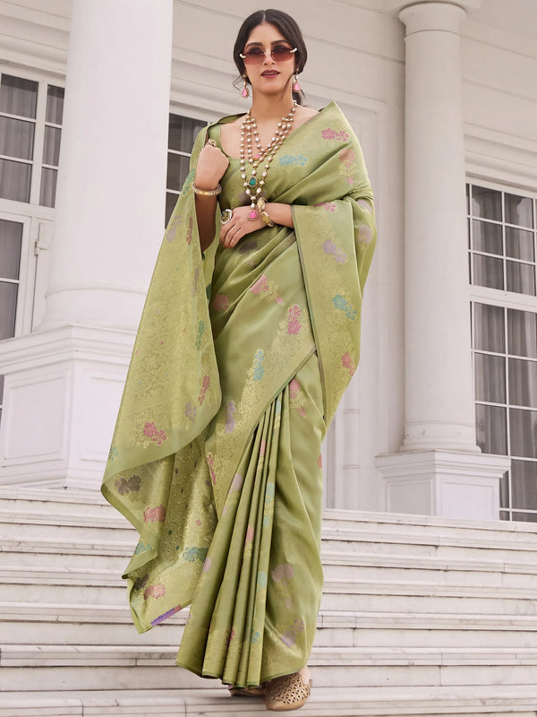Elegant Green Zari Weaving Silk Event Wear Saree With Blouse