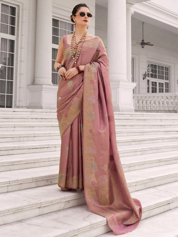 Classic Dusty Pink Zari Weaving Silk Traditional Saree With Blouse