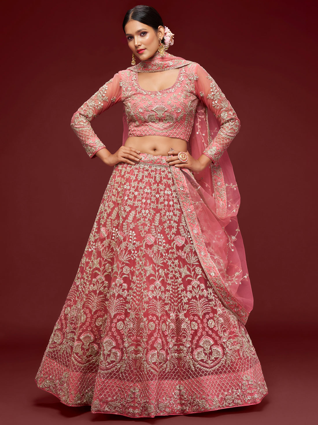 Gorgeous Coral Embroidered Net Wedding Wear Lehenga Choli