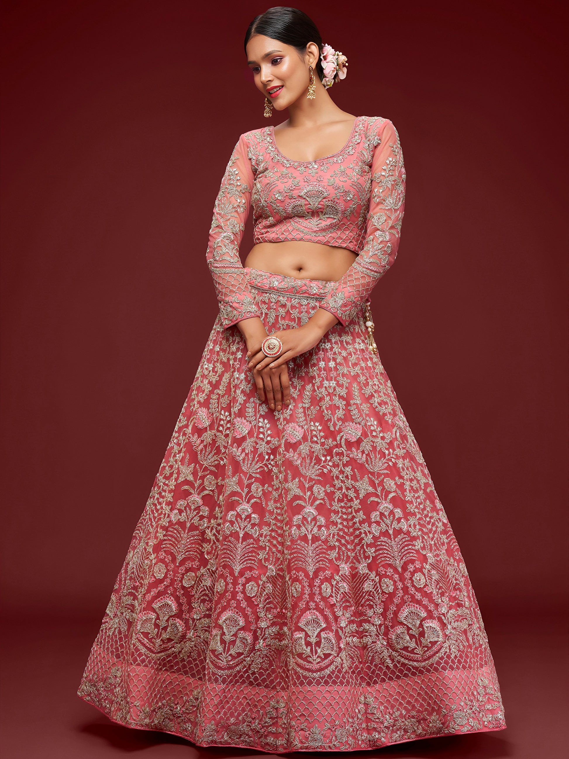Gorgeous Pink Embroidered Net Wedding Wear Lehenga Choli
