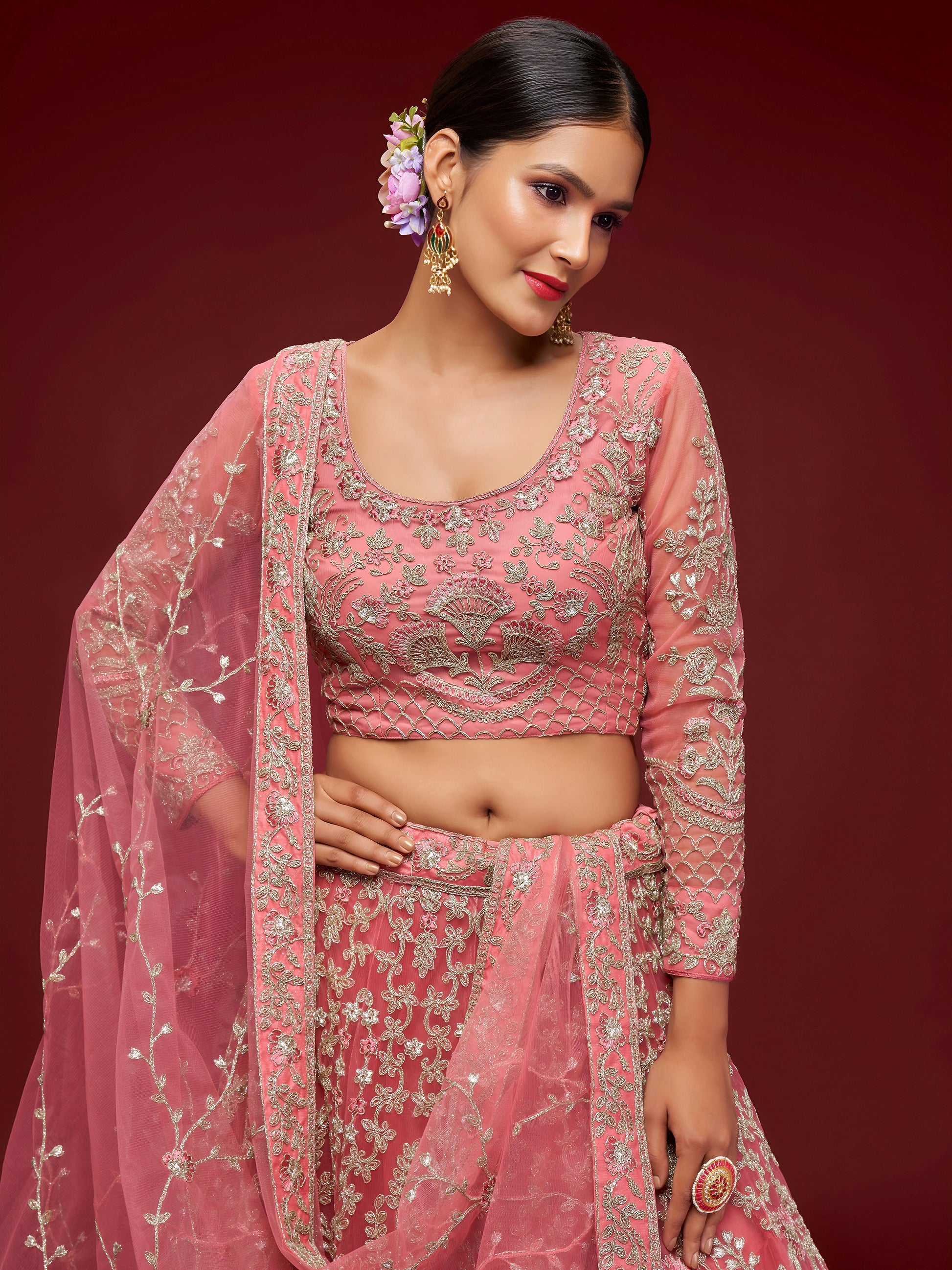 Gorgeous Pink Embroidered Net Wedding Wear Lehenga Choli