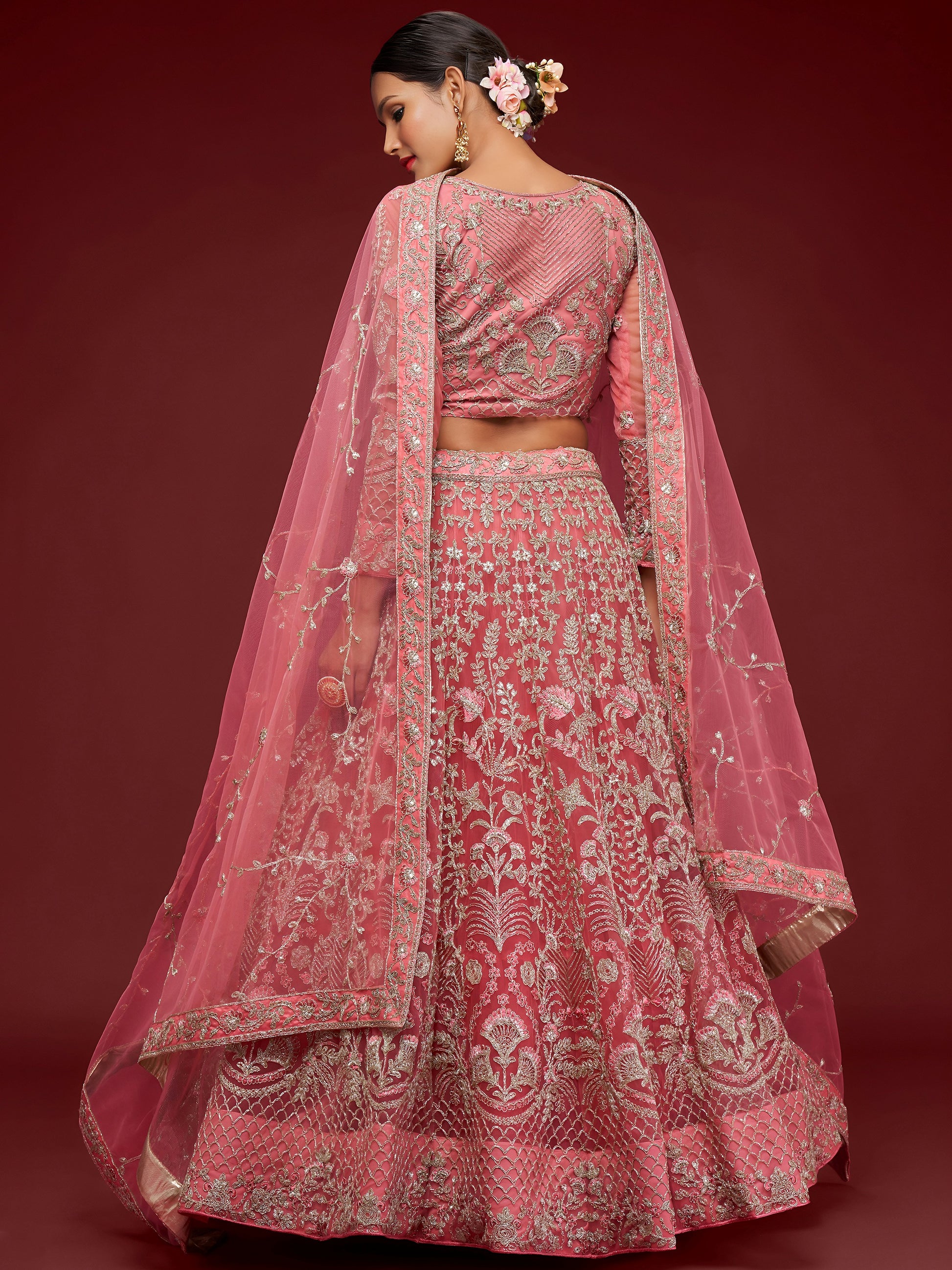 Gorgeous Pink Embroidered Net Wedding Wear Lehenga Choli