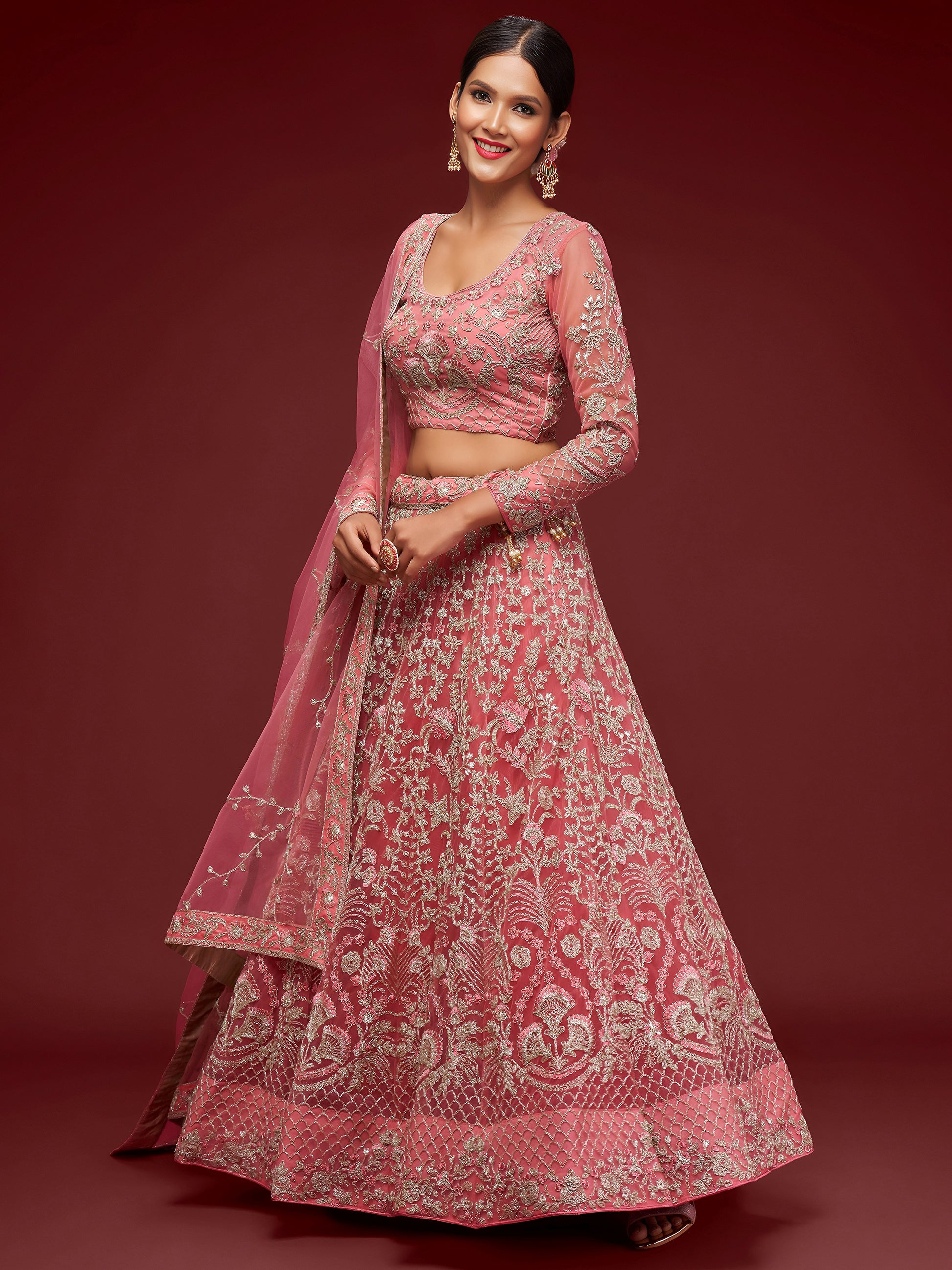 Gorgeous Pink Embroidered Net Wedding Wear Lehenga Choli