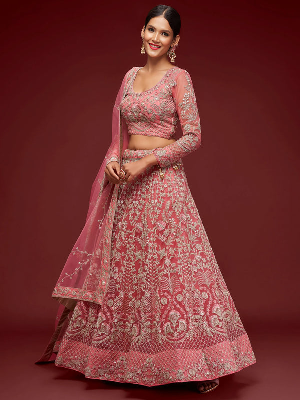 Gorgeous Pink Embroidered Net Wedding Wear Lehenga Choli