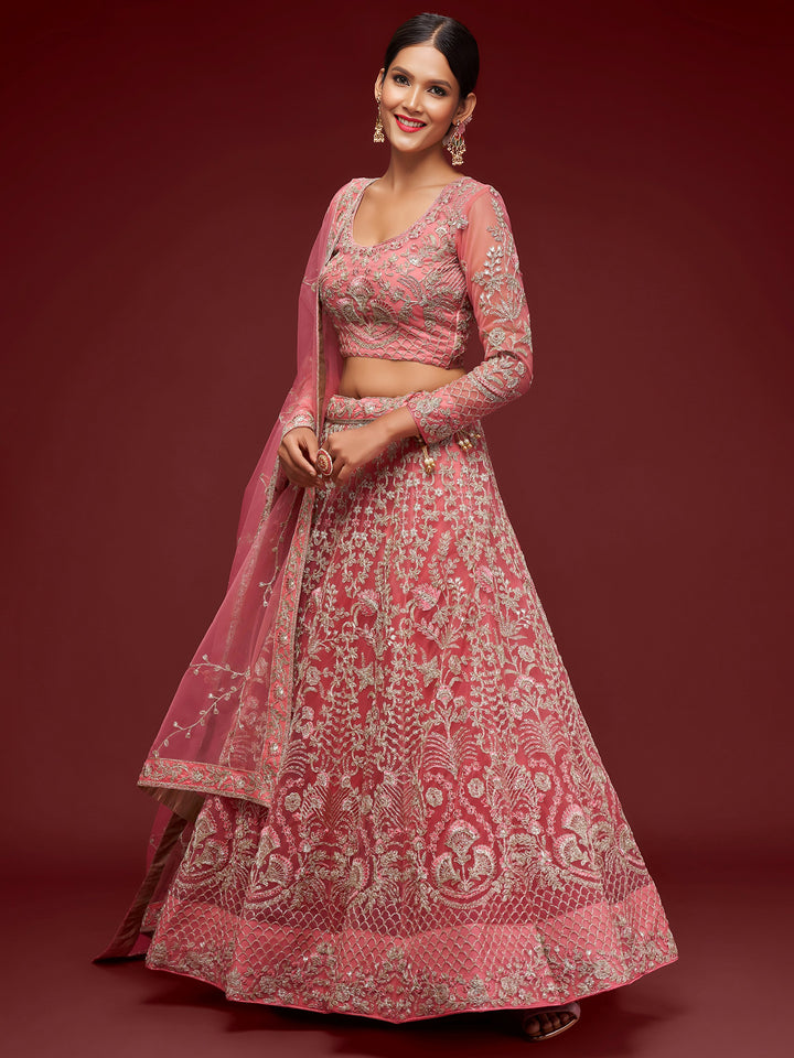Gorgeous Pink Embroidered Net Wedding Wear Lehenga Choli