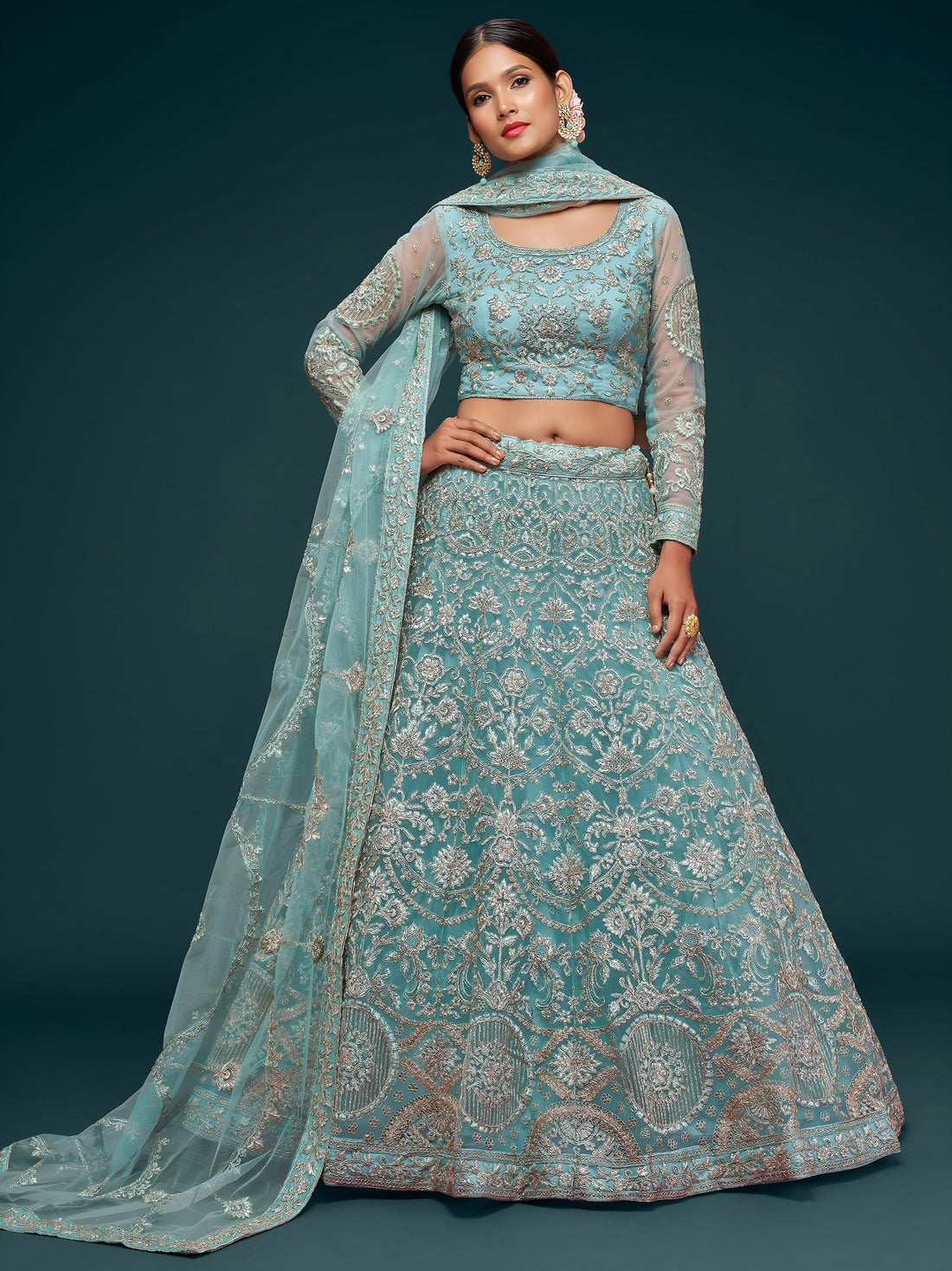 Beautiful Sea Blue Embroidered Soft Net Lehenga Choli With Dupatta