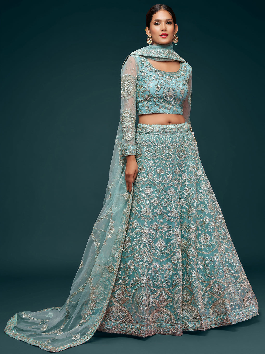 Beautiful Sea Blue Embroidered Soft Net Lehenga Choli With Dupatta