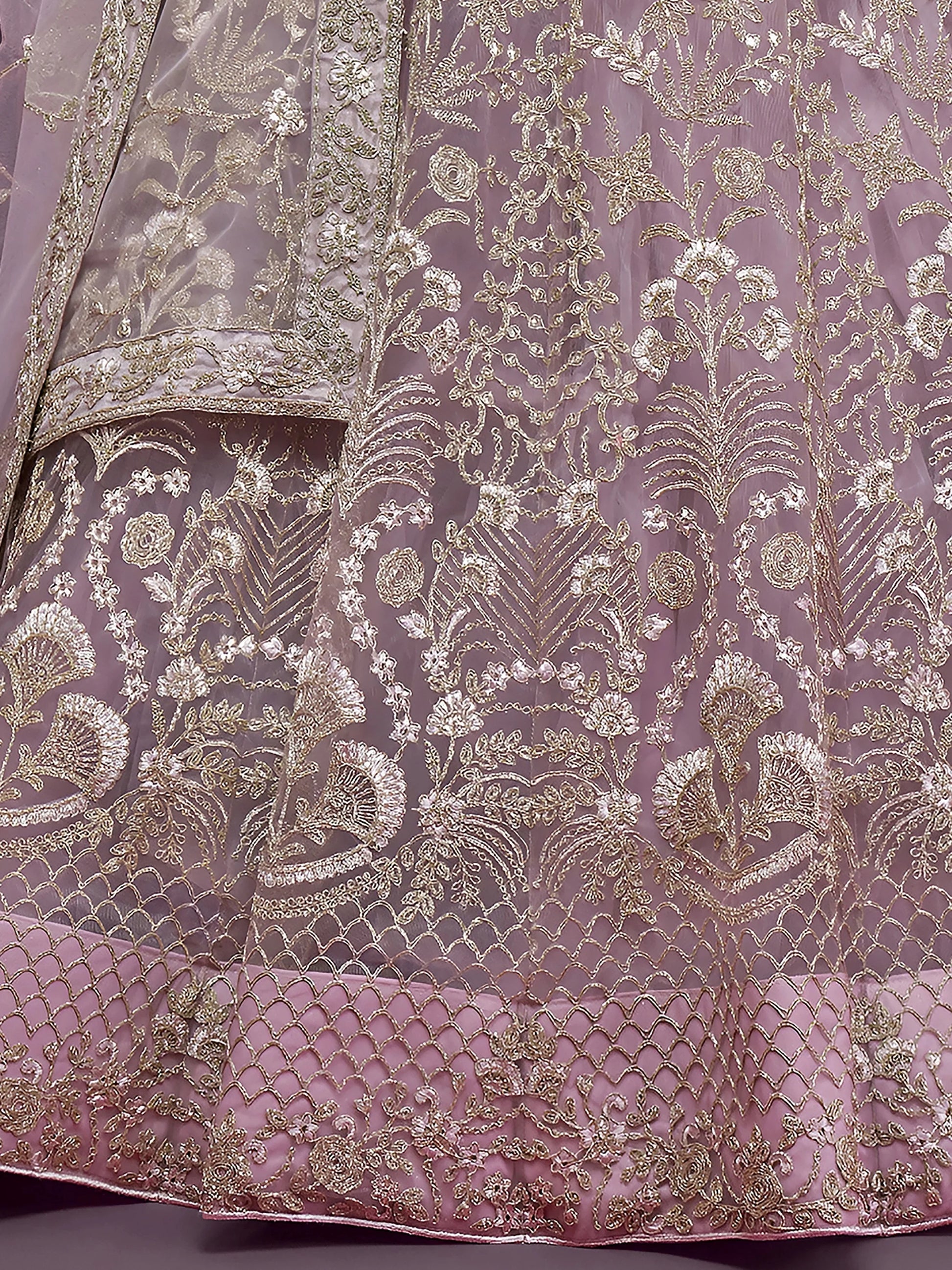 Attractive Lilac Embroidered Soft Net Wedding Wear Lehenga Choli