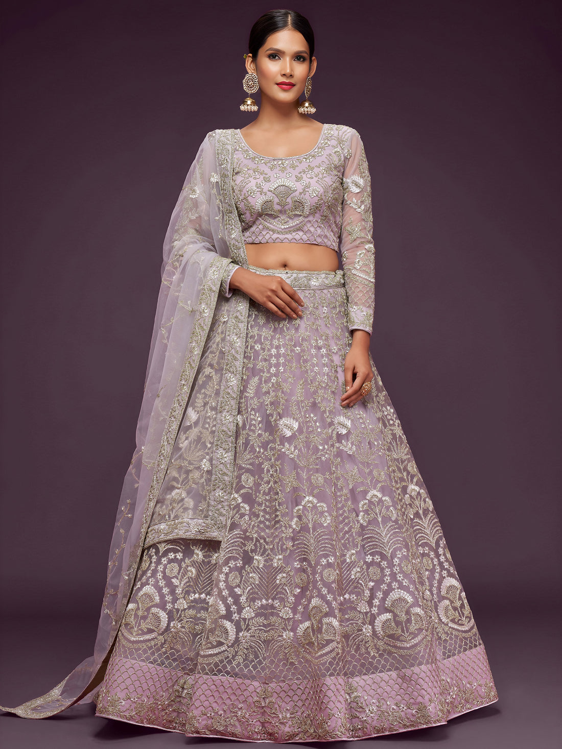 Attractive Lilac Embroidered Soft Net Wedding Wear Lehenga Choli