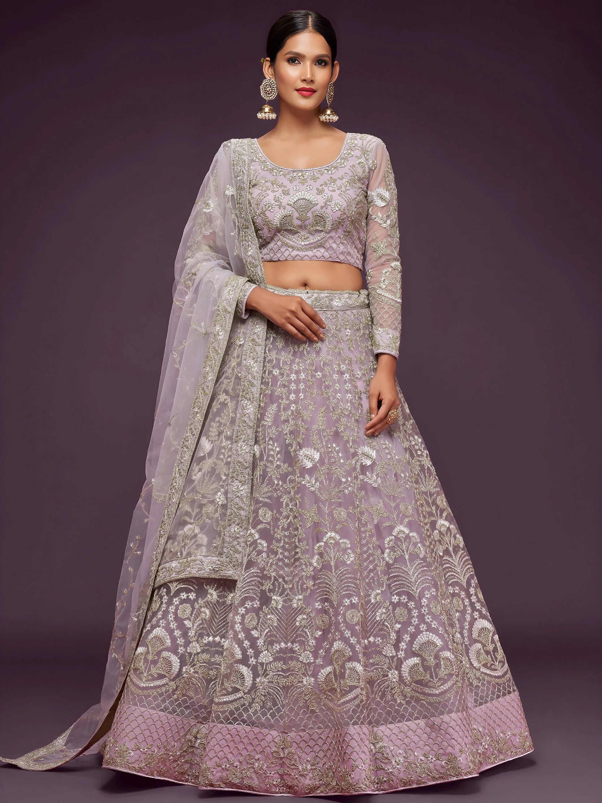 Attractive Lilac Embroidered Soft Net Wedding Wear Lehenga Choli