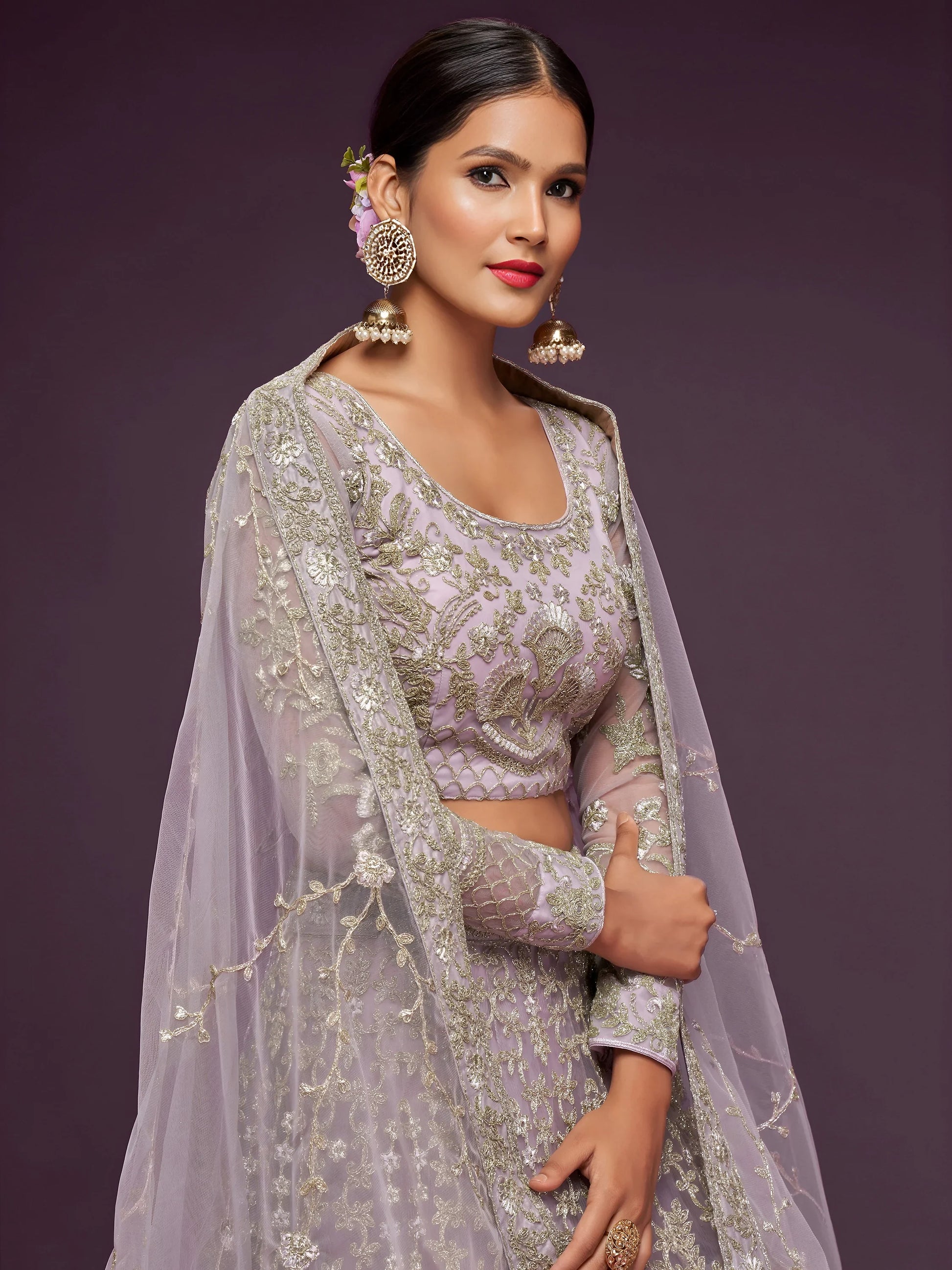 Attractive Lilac Embroidered Soft Net Wedding Wear Lehenga Choli