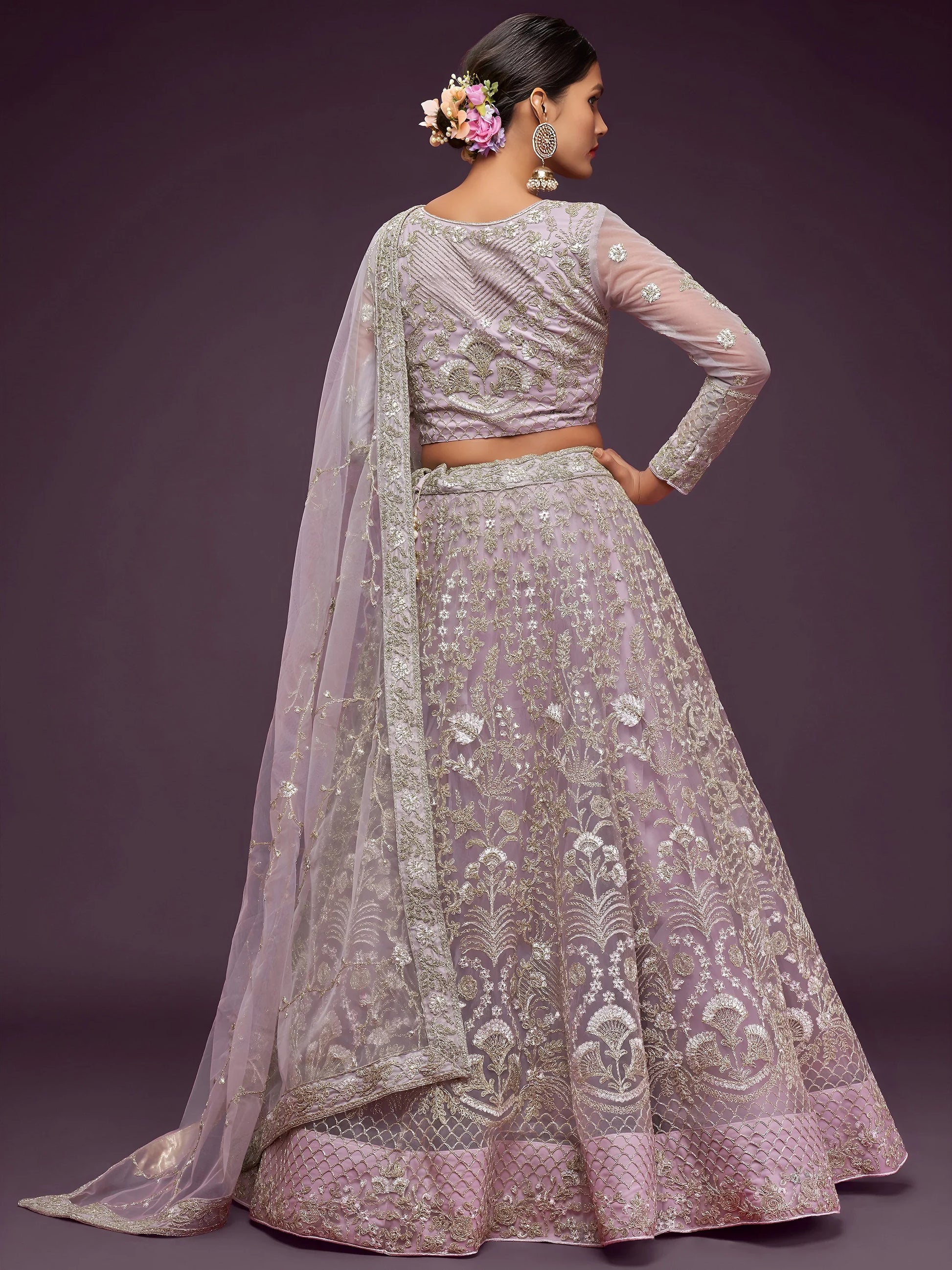 Attractive Lilac Embroidered Soft Net Wedding Wear Lehenga Choli