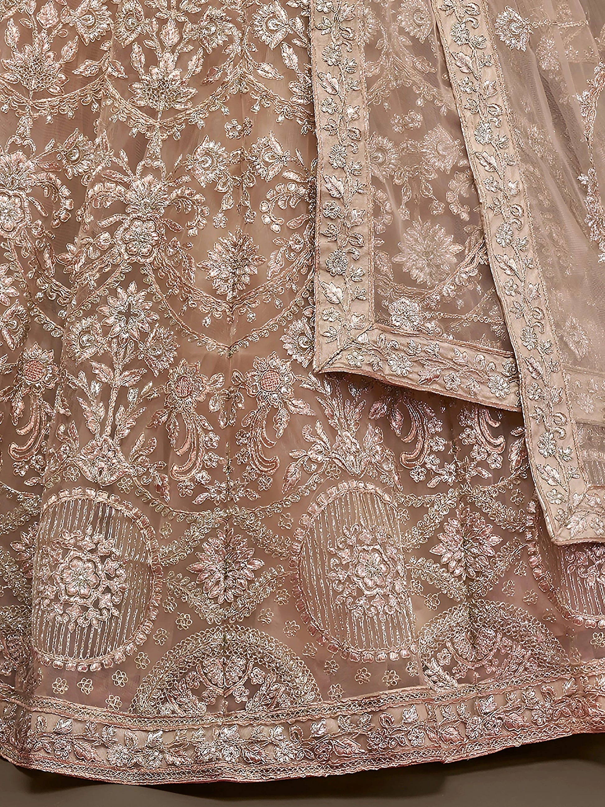 Stunning Royal Beige Embroidered Soft Net Lehenga Choli With Dupatta