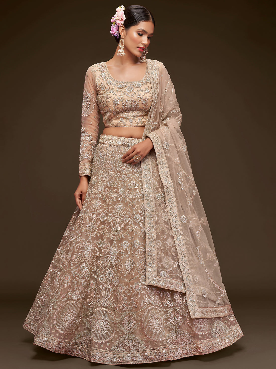 Stunning Royal Beige Embroidered Soft Net Lehenga Choli With Dupatta