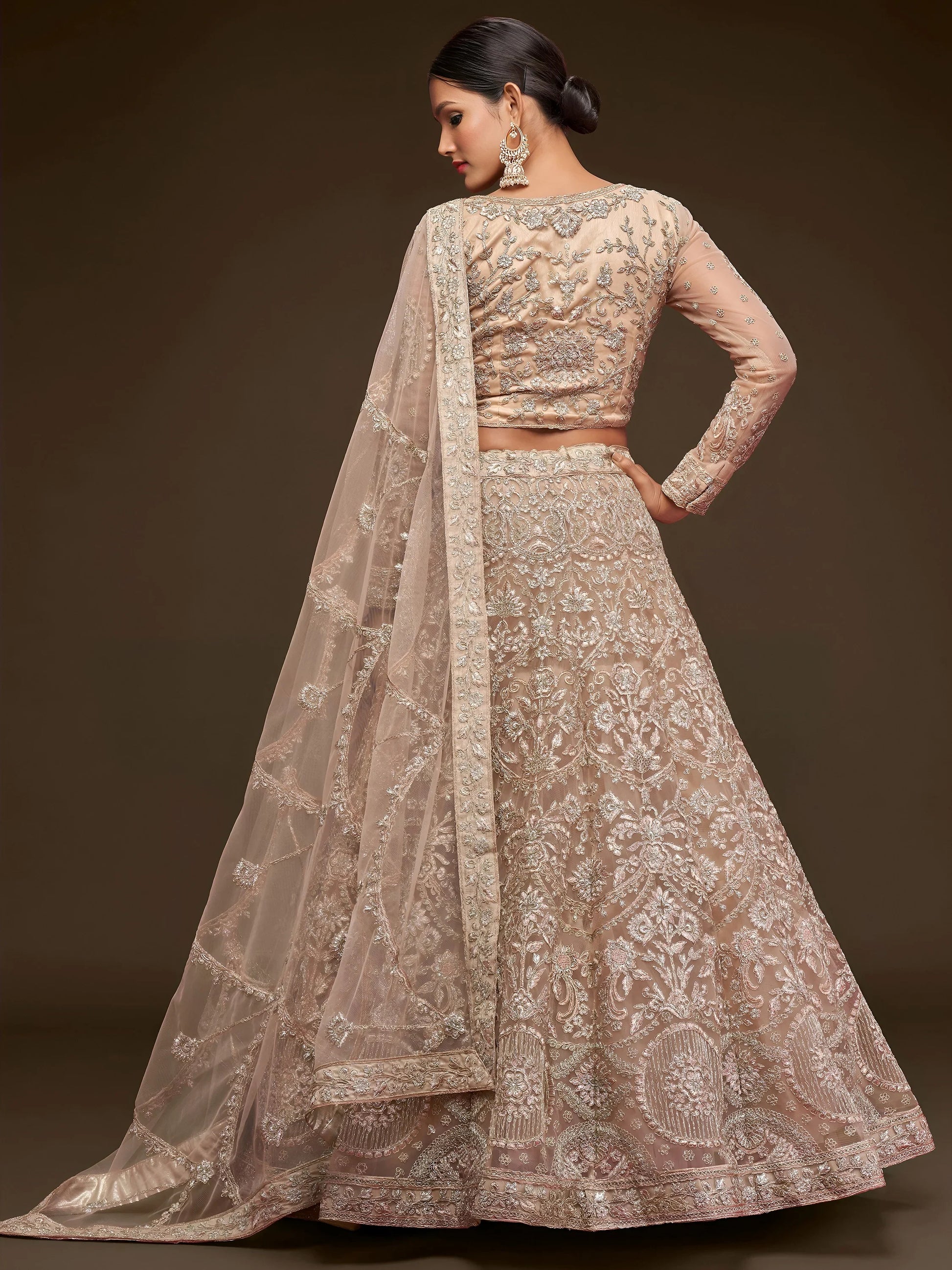Stunning Royal Beige Embroidered Soft Net Lehenga Choli With Dupatta