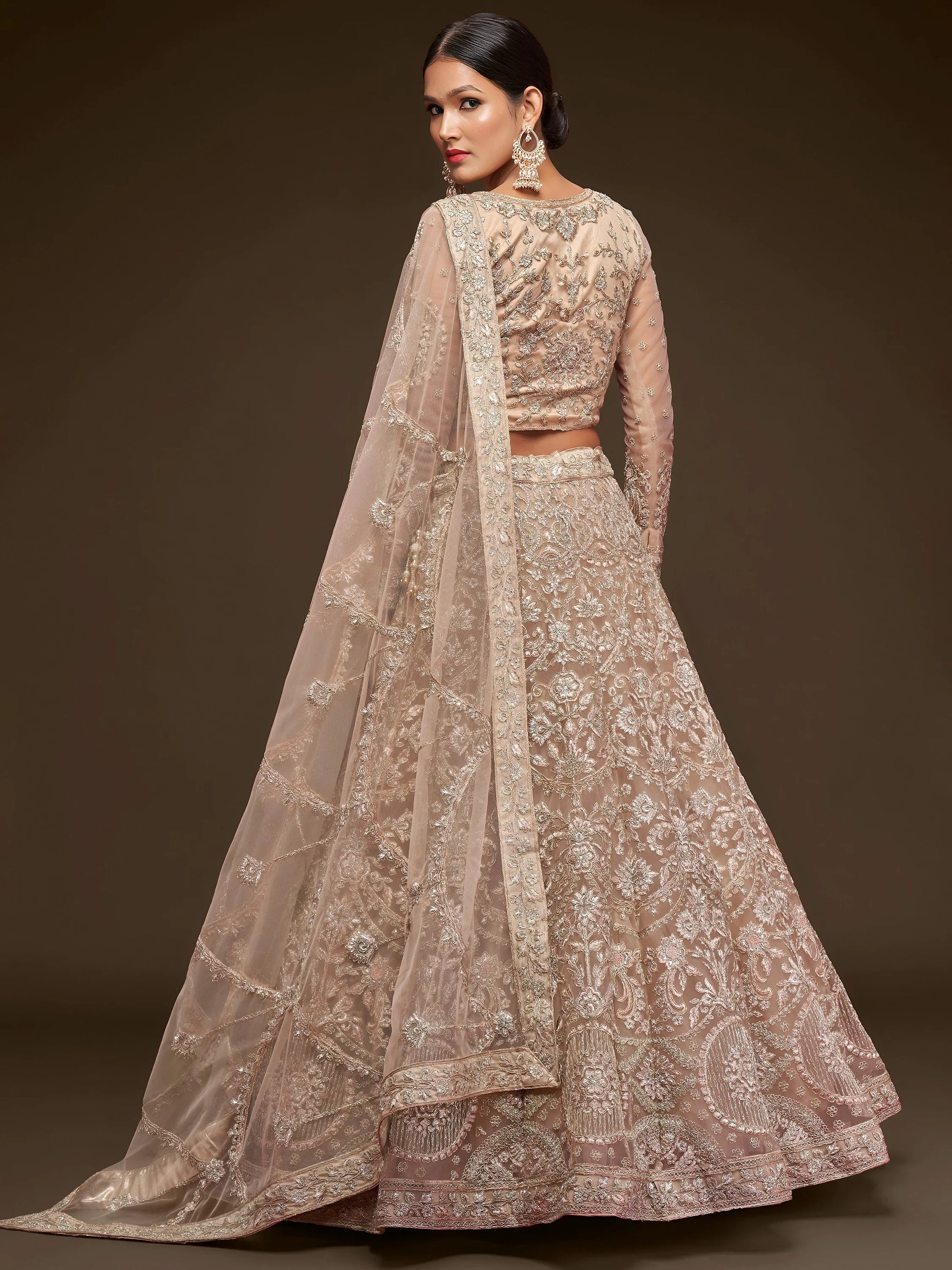 Stunning Royal Beige Embroidered Soft Net Lehenga Choli With Dupatta