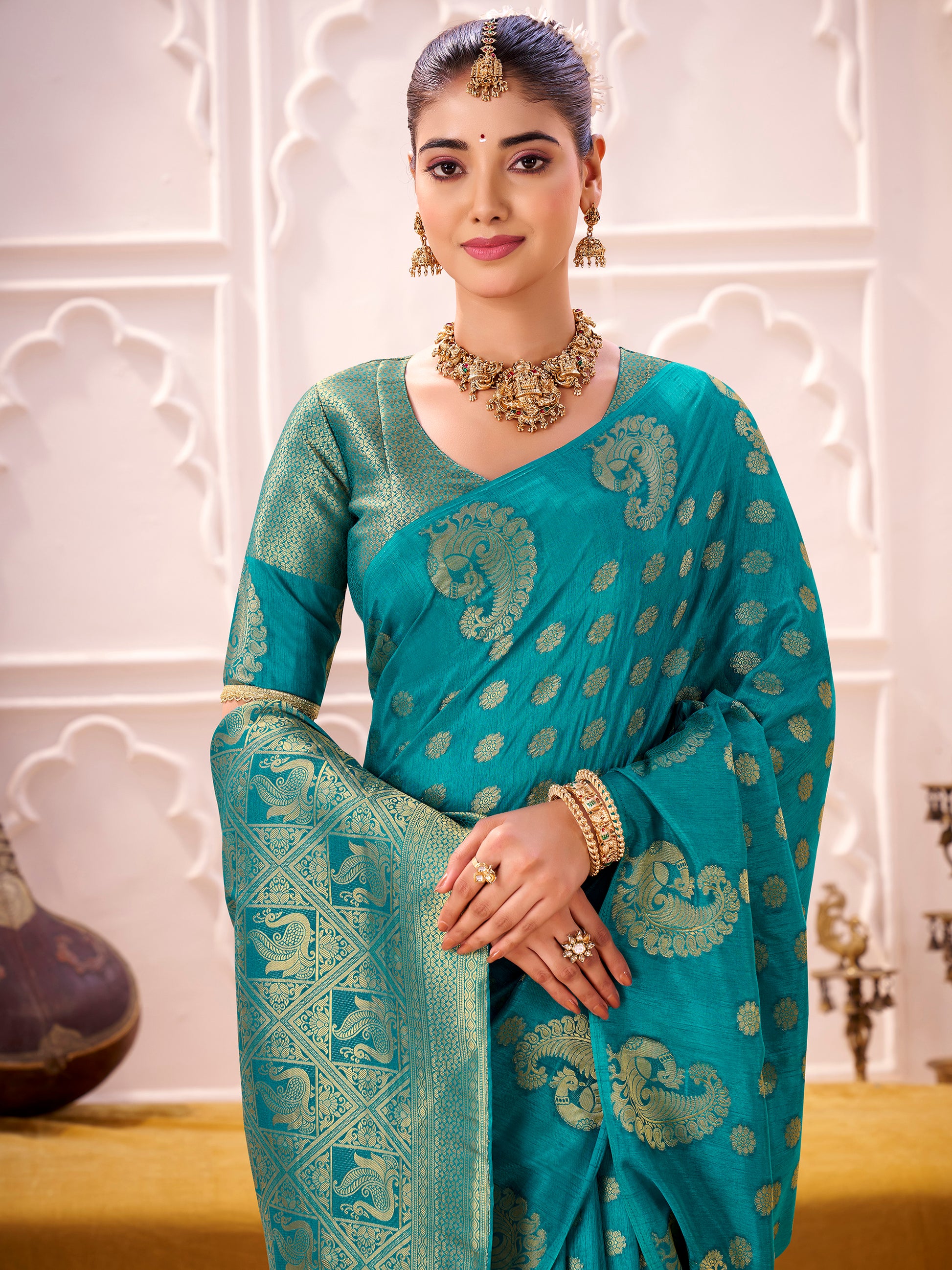 Precious Sky-Blue Zari Weaving Silk Event Wear Saree With Blouse