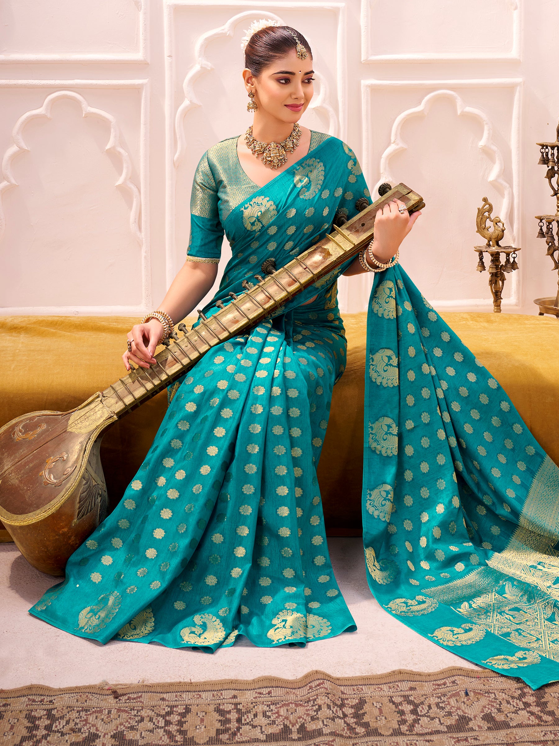 Precious Sky-Blue Zari Weaving Silk Event Wear Saree With Blouse