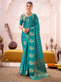 Precious Sky-Blue Zari Weaving Silk Event Wear Saree With Blouse