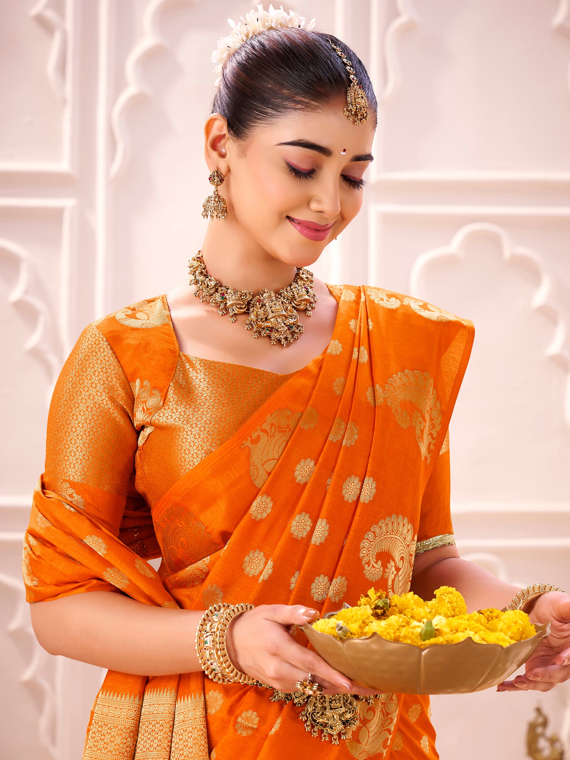 Dazzling Orange Zari Work Silk Wedding Wear Saree With Blouse