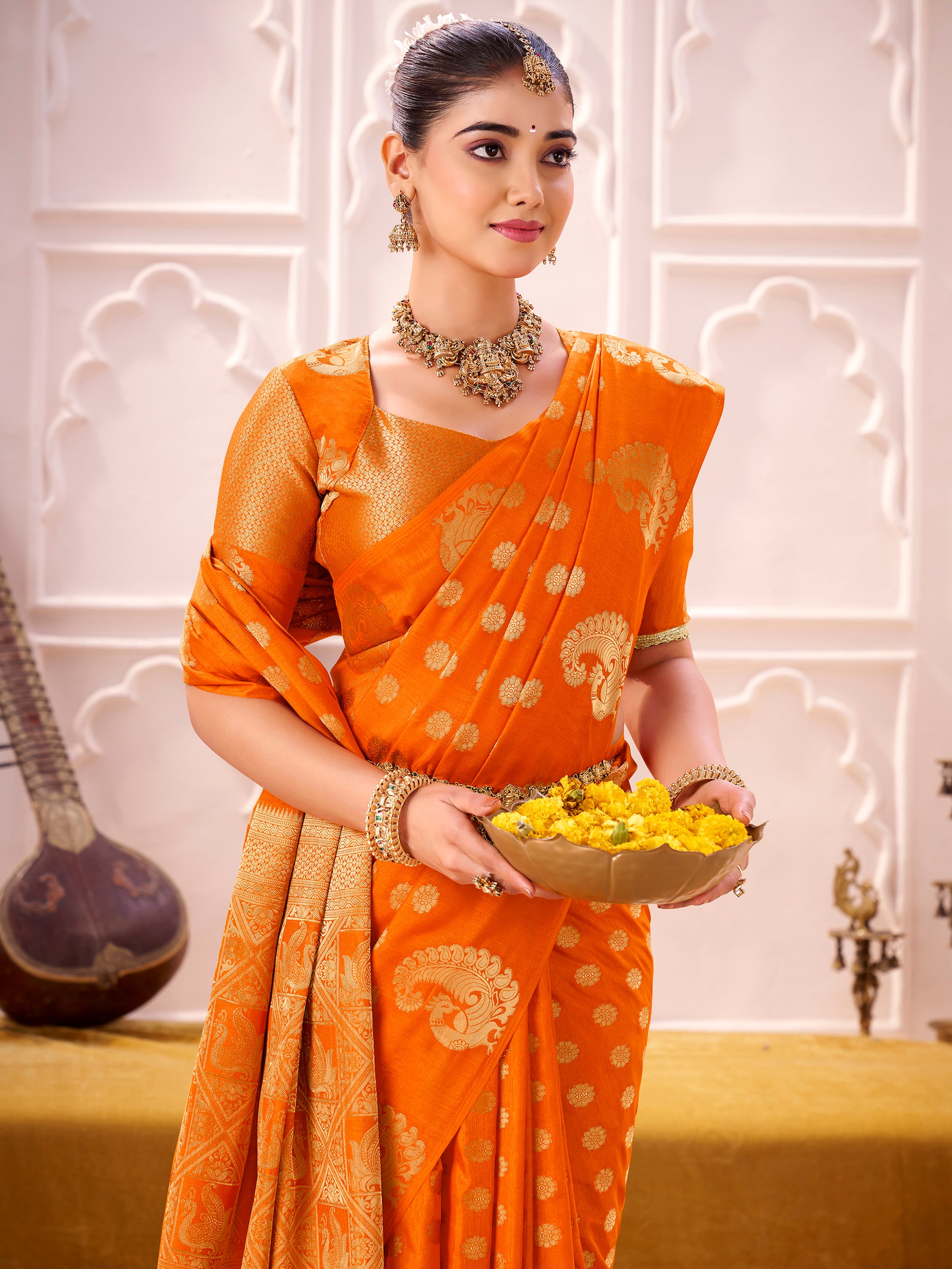 Dazzling Orange Zari Work Silk Wedding Wear Saree With Blouse