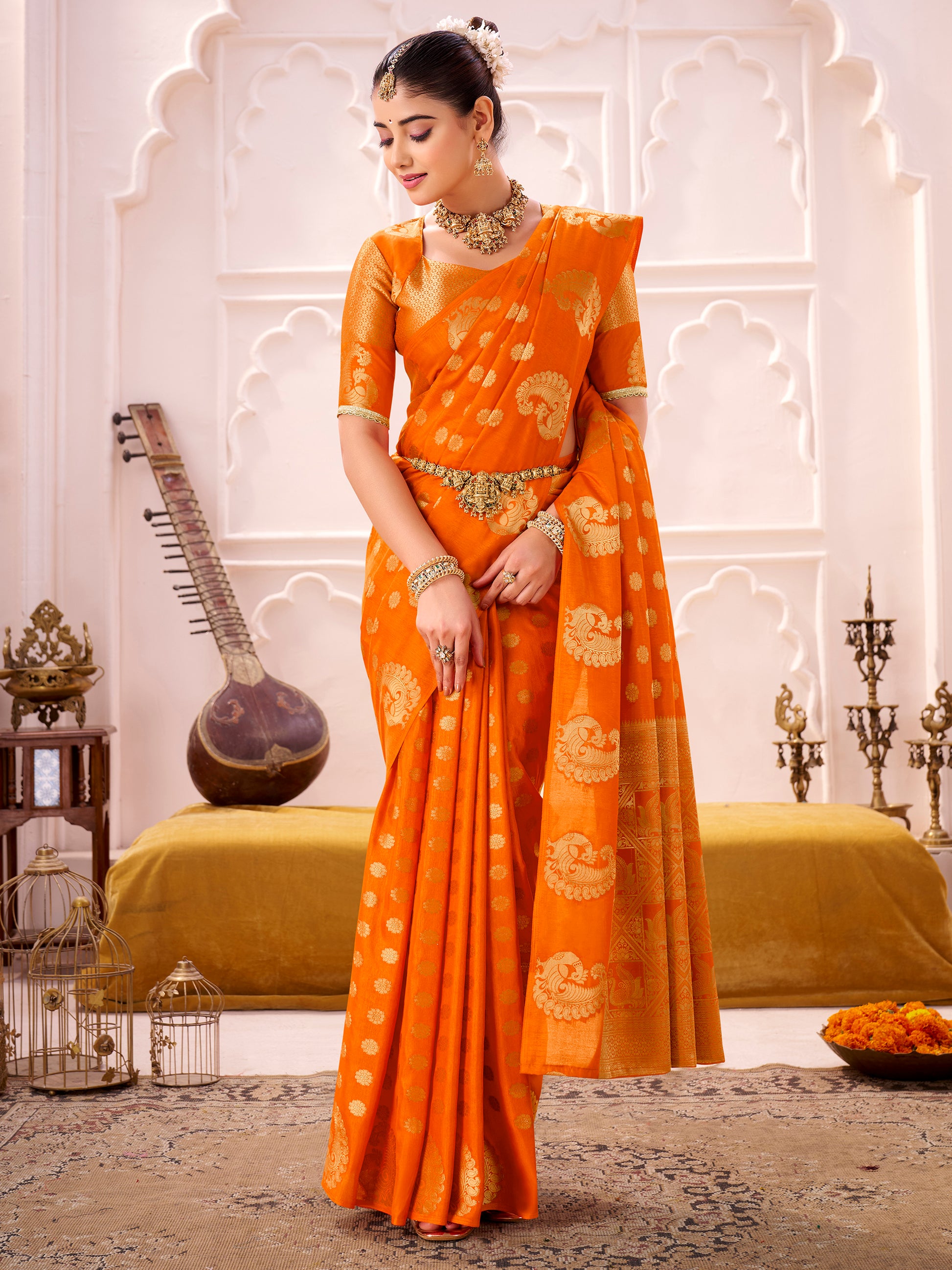 Dazzling Orange Zari Work Silk Wedding Wear Saree With Blouse