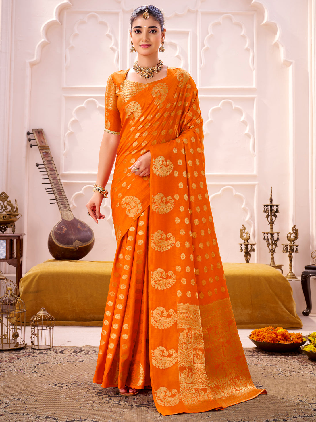 Dazzling Orange Zari Work Silk Wedding Wear Saree With Blouse