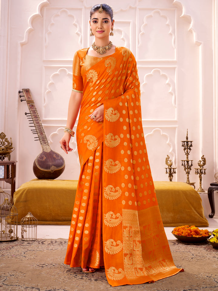 Dazzling Orange Zari Work Silk Wedding Wear Saree With Blouse