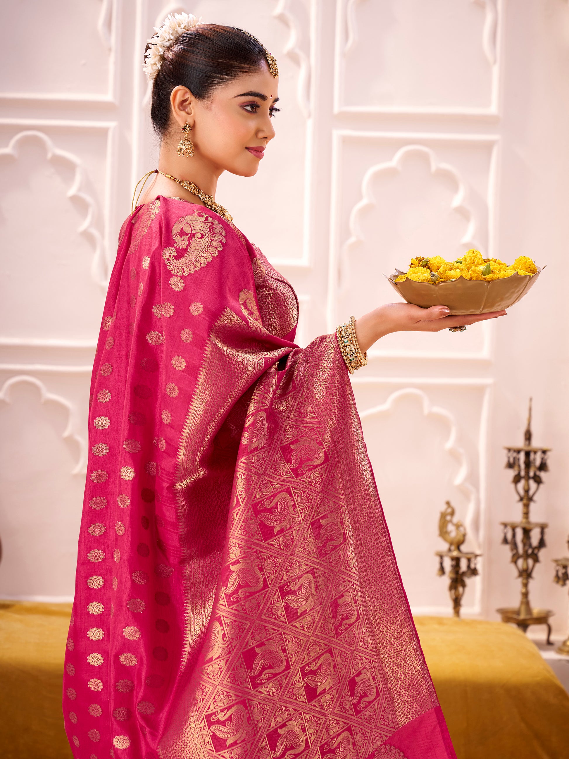 Beautiful Pink Zari Weaving Silk Festival Wear Saree With Blouse