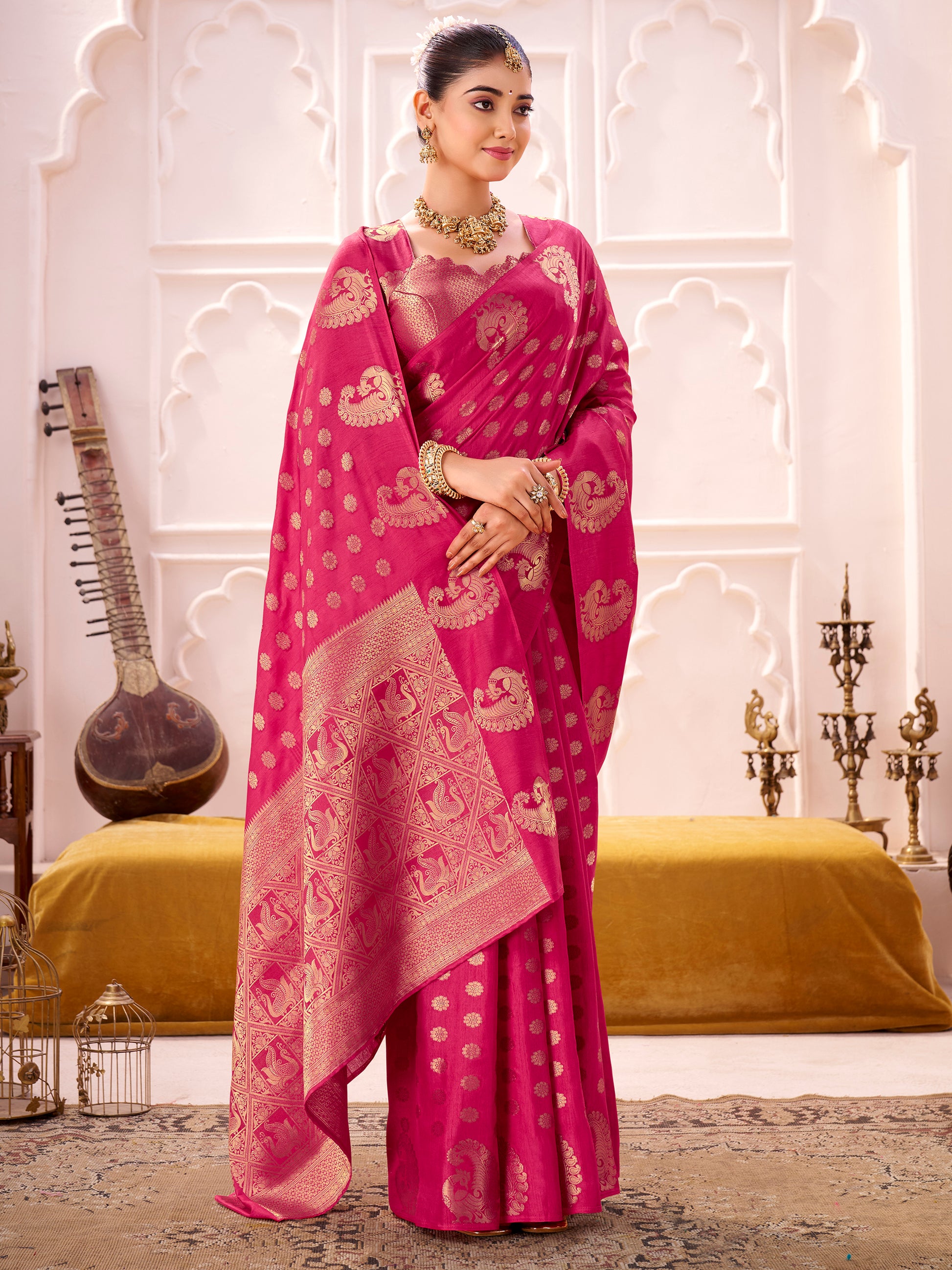 Beautiful Pink Zari Weaving Silk Festival Wear Saree With Blouse
