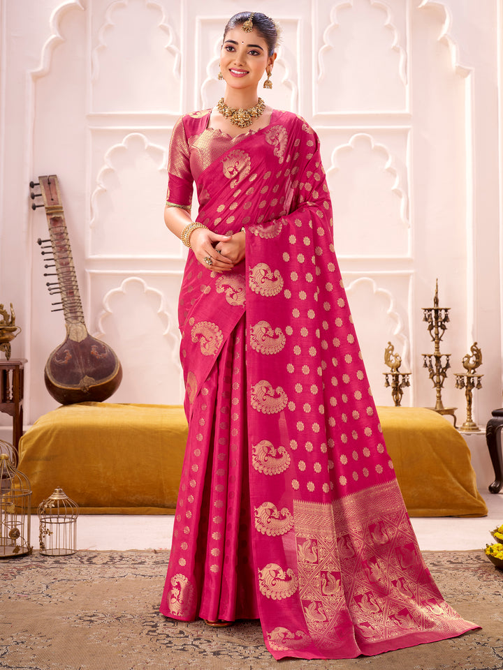 Beautiful Pink Zari Weaving Silk Festival Wear Saree With Blouse
