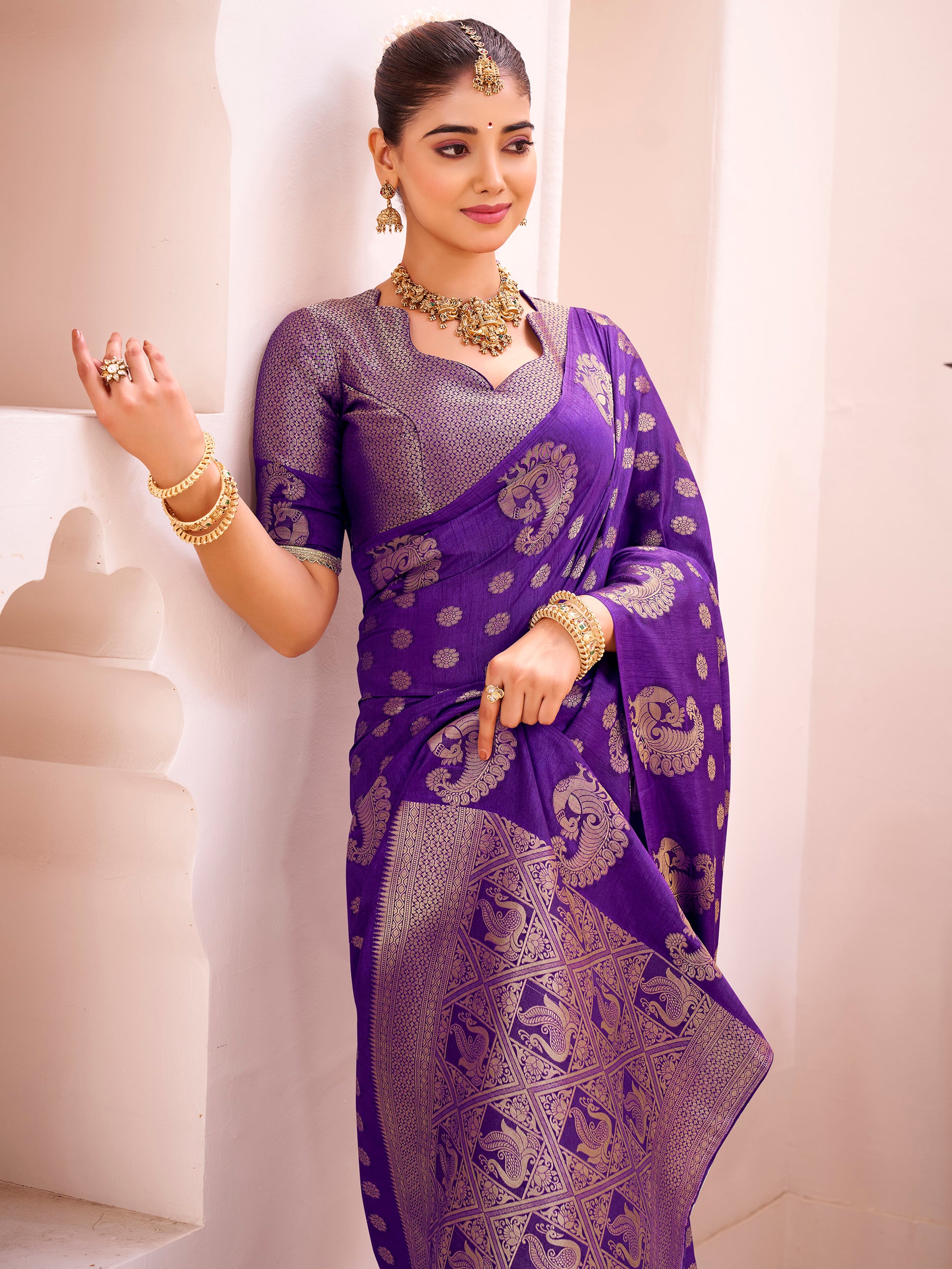 Attractive Purple Zari Weaving Silk Function Wear Saree With Blouse