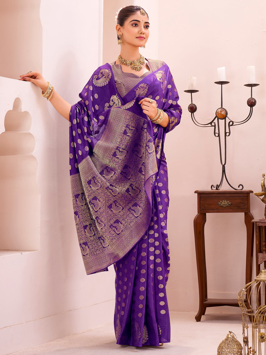 Attractive Purple Zari Weaving Silk Function Wear Saree With Blouse