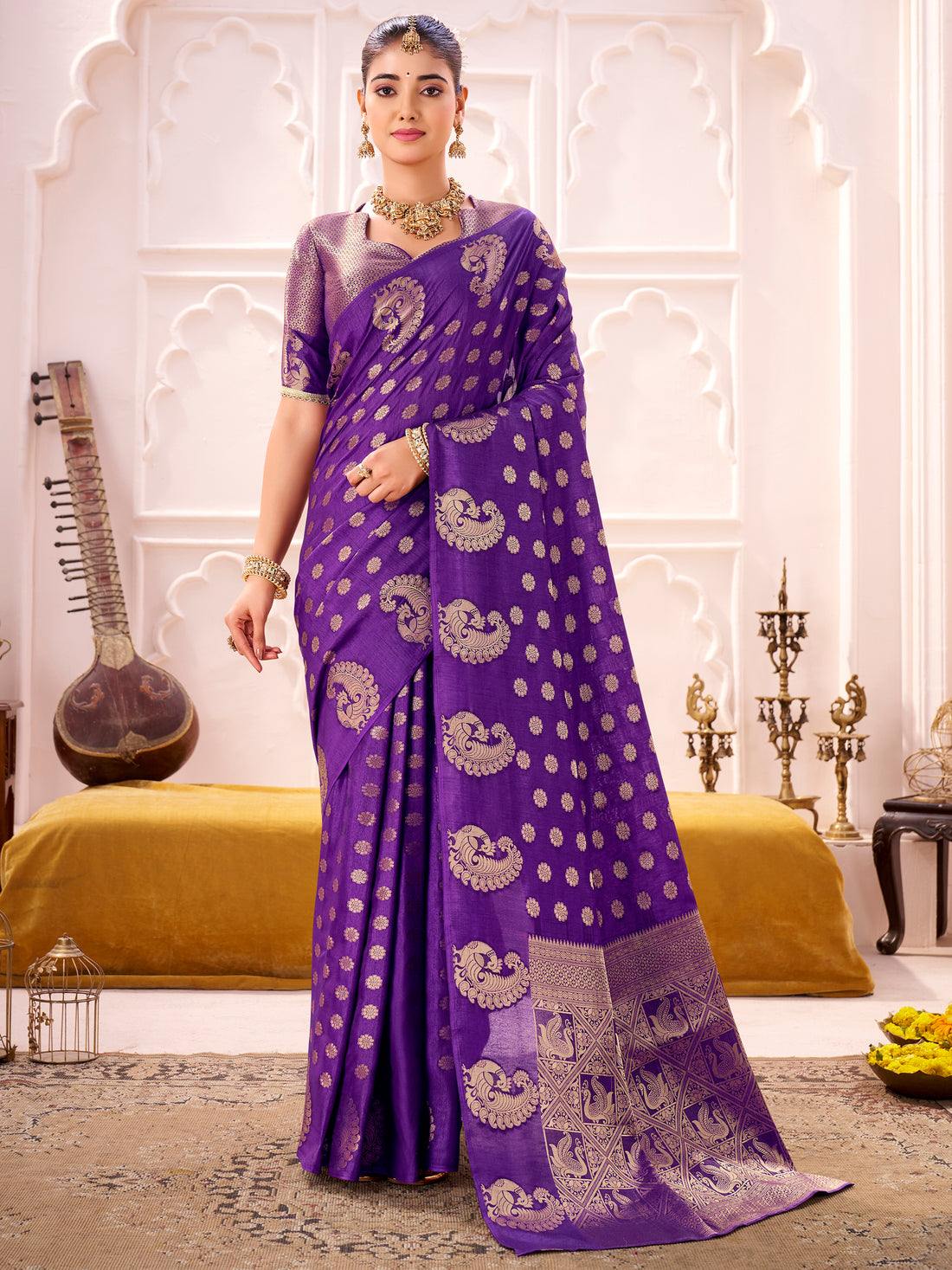Attractive Purple Zari Weaving Silk Function Wear Saree With Blouse