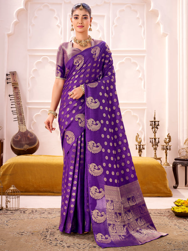 Attractive Purple Zari Weaving Silk Function Wear Saree With Blouse